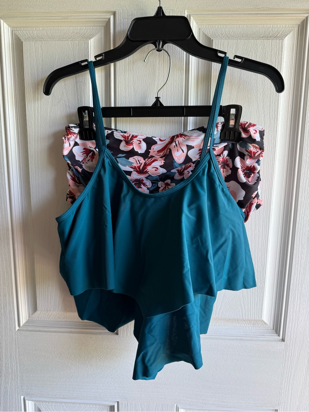 Teal Flounce Swim Top with Floral High Waisted Bottom